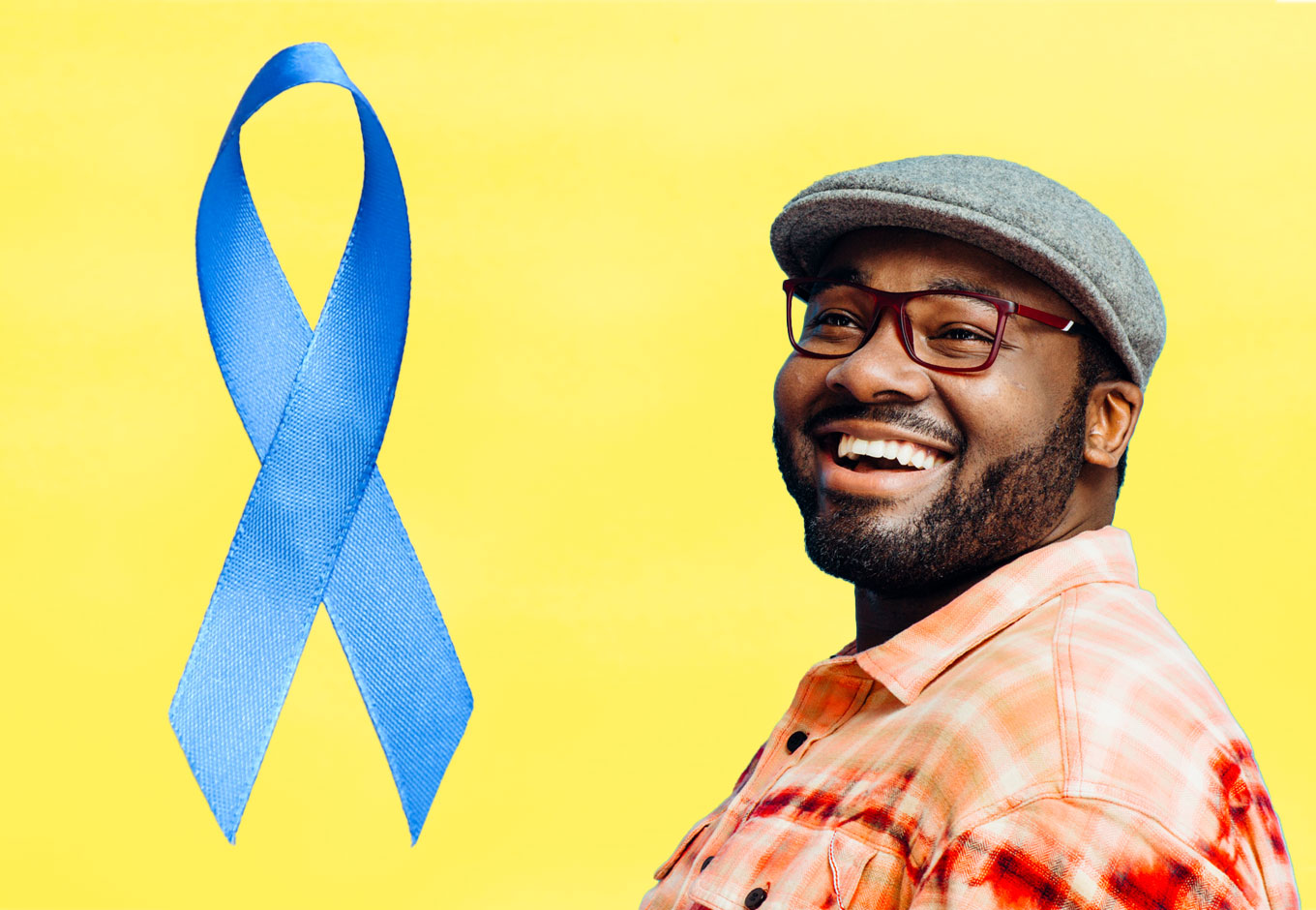 Diabetes blue ribbon with a man smiling next to it